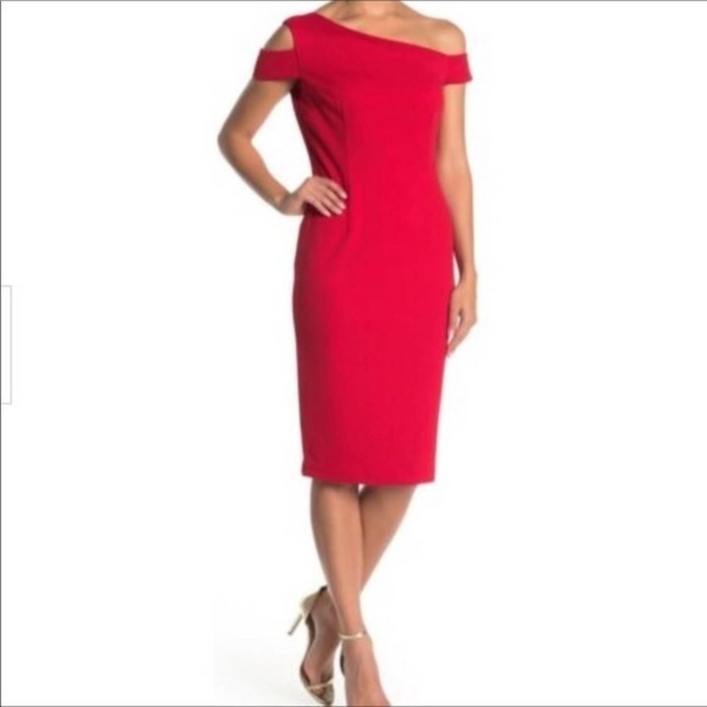 Trina Turk Off Shoulder Asymmetrical Neckline Sheath Red Midi Dress Size 6